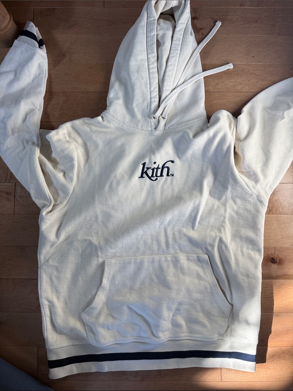 Kith Off-White Hoodie with Navy Logo and Stripes